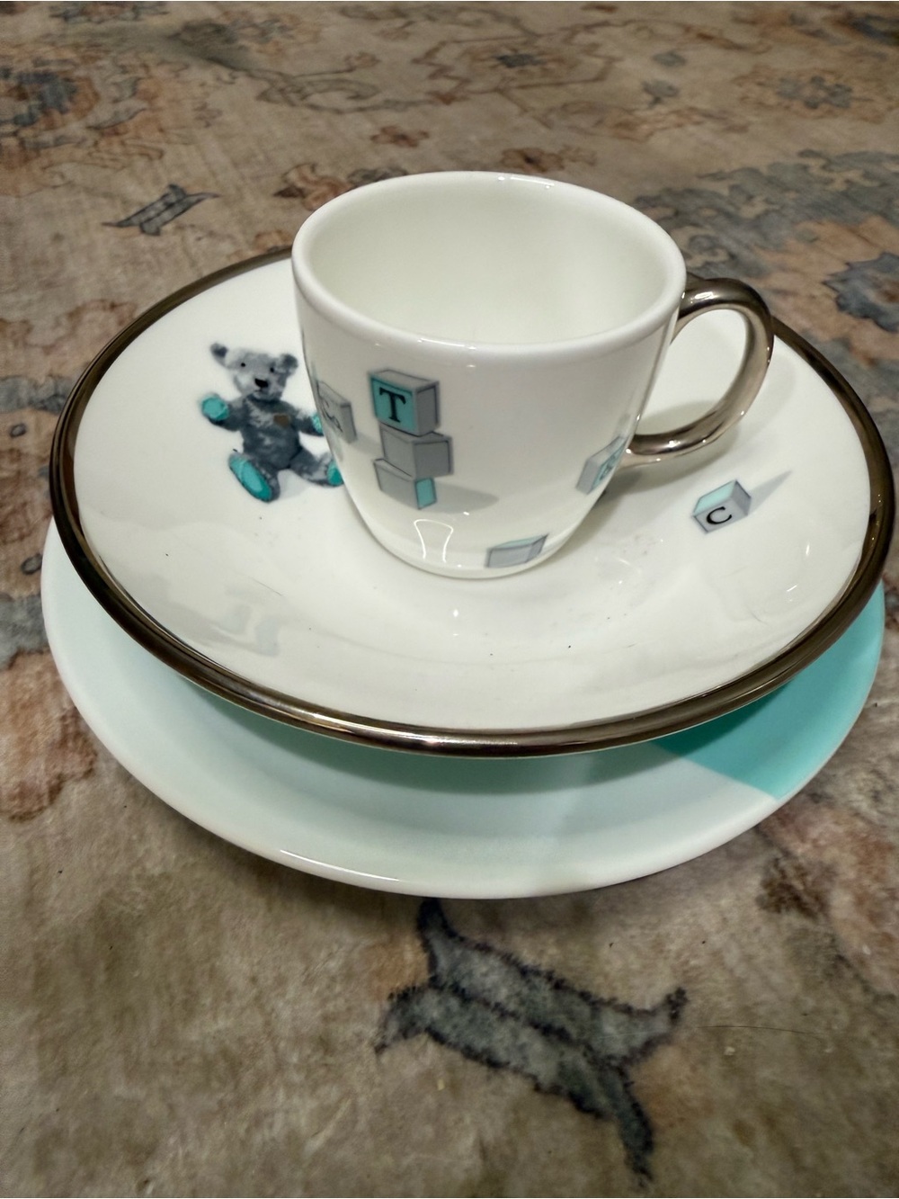 Tiffany & Co. White and Tiffany Blue Teddy Block Childrens Cup and Plate Set